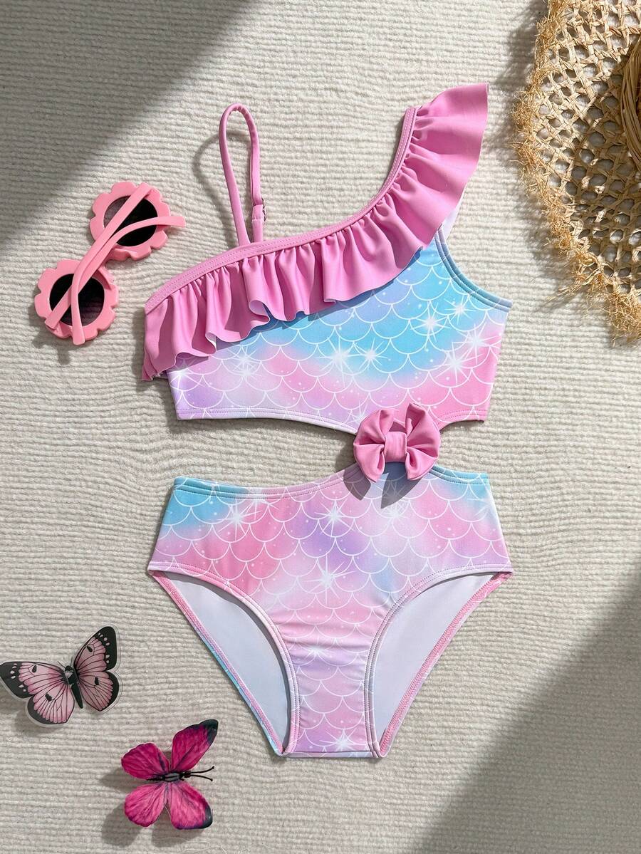 SHEIN Young Girl Fish Scale Print Colorblock Bow Decor One-Piece Swimsuit, Suitable For Beach Vacation, Pool Party, Beach Party - Pink - View 1