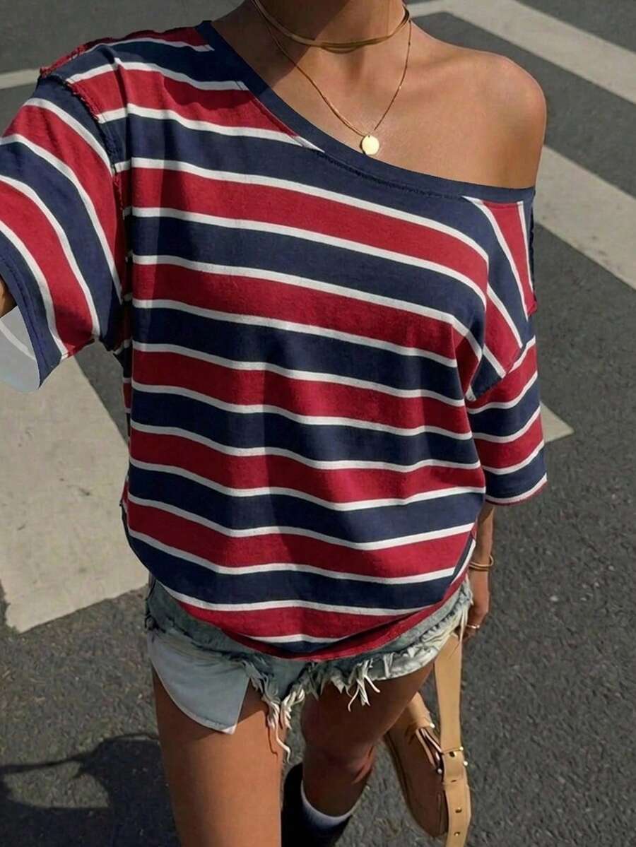 Muchica Kaos Wanita Kasual Minimalis Motif Garis-Garis Blok Warna Biru & Merah, Bahu Jatuh, Lengan Pendek, Potongan Longgar - MultiWarna - View 1