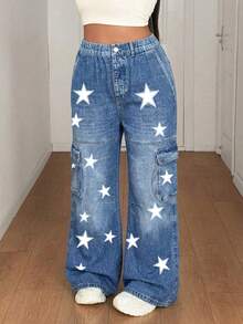 Maweii 大尺碼女款休閒星星印花仿丹寧極簡復古街頭風寬鬆長褲 - 彩色 - 查看 3