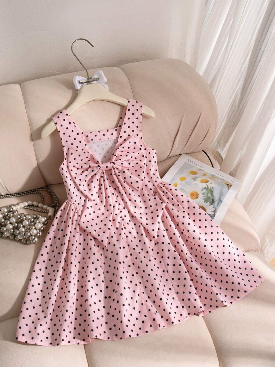 SHEIN Elladie kids 1件少女夏季新款露肩無袖背心上衣 波點印花 後背V領設計 隱形拉鍊 可拆卸大蝴蝶結 裙襬收褶 簡約百搭沙灘度假洋裝
