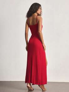 Ocili Spaghetti Strap Dress With Side Slit, Comfortable Rib Knit Loungewear Dress For Women - Red - View 3