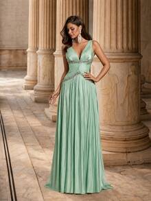 Glamrae Elegant Green Organza Fabric Rhinestone Chain Decor Bustier Ultra-Full Skirt Party Dress Wedding Guest Dress Bachelorette Dress Formal Evening Gown - Green - View 4