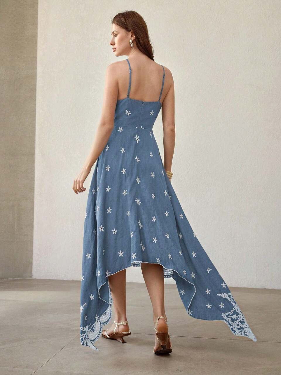 WOMEN'S NAVY BLUE EMBROIDERED ASYMMETRICAL HEM MIDI DRESS