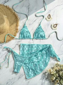 Costavie Swim Bonvoyette 3件組 春夏海灘度假 亮片紋理面料 珍珠飾品 綁帶三角比基尼上衣 側綁比基尼泳褲 及亮片裙 性感女款泳衣 - 薄荷藍 - 查看 7