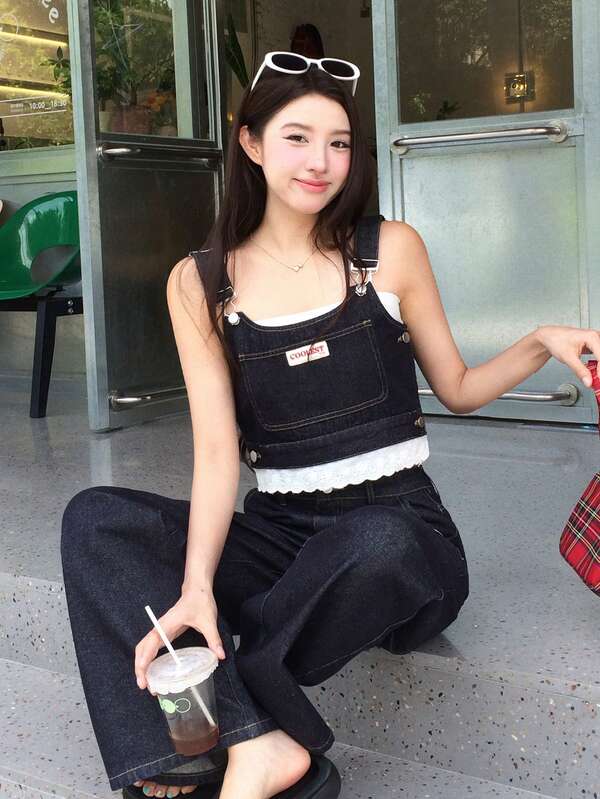 DAZY 女款牛仔吊帶 & 休閒長褲 韓系風格 2件組牛仔套裝