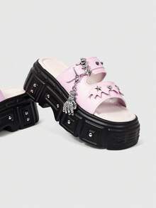 ROMWE Grunge Punk 女款高跟涼鞋 時尚夏季穿著 平底金屬扣鉚釘蝙蝠扣拖鞋 厚底百搭沙灘拖鞋 - 粉色 - 查看 3