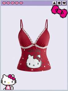 HELLO KITTY AND FRIENDS | ROMWE Canotta da donna taglie forti con stampa a cartoni animati e decorazione a fiocco - Rosso - Visualizzare 1