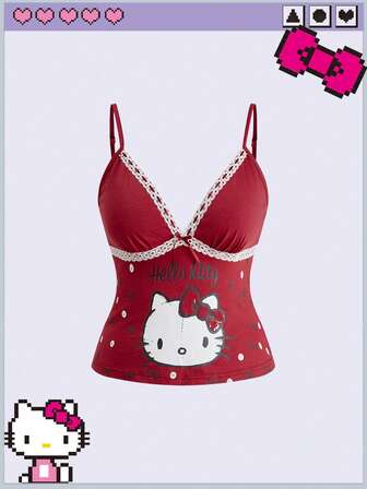 HELLO KITTY AND FRIENDS | ROMWE Camiseta de tirantes de mujer talla grande con estampado de dibujos animados y decoración de lazo