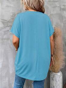 SHEIN CURVE+ 大尺碼女款蝙蝠袖垂墜設計T恤 - 藍色 - 查看 2