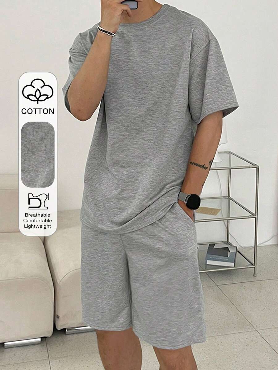 DAZY 男士纯灰色短袖T恤短裤套装,夏季 - 灰色 - 查看 1