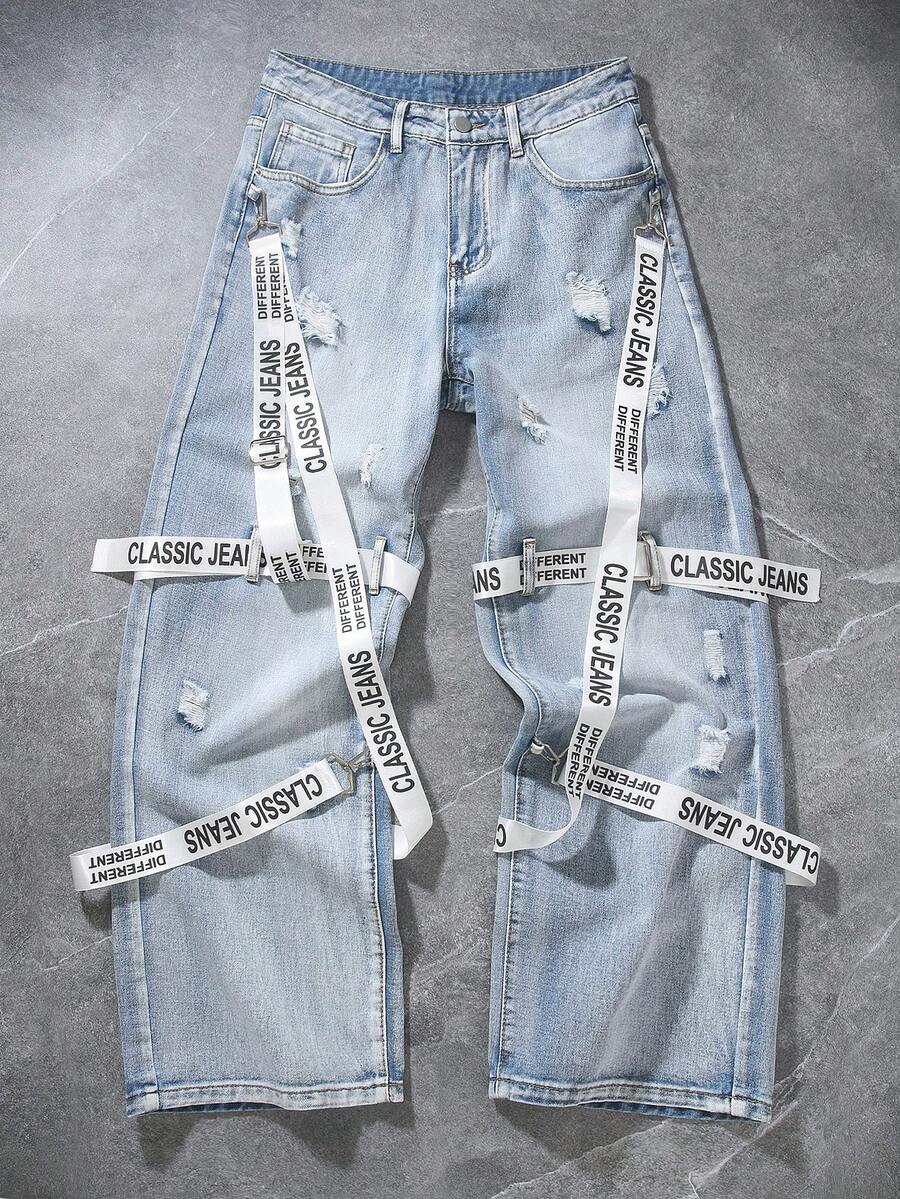 Manfinity EMRG Men's Waist Button Zipper Pocket Distressed Classic Jeans With Text Ribbon Decoration - Light Wash - View 1