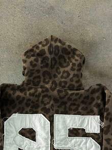 INAWLY Y2K Vintage Leopard Print Zip-Up Sweatshirt,Brown Checked,Autumn,Streetwear,Everyday,Back-To-School Retro Pullover Jacket,American Gothic Rock,Casual - Multicolor - View 4