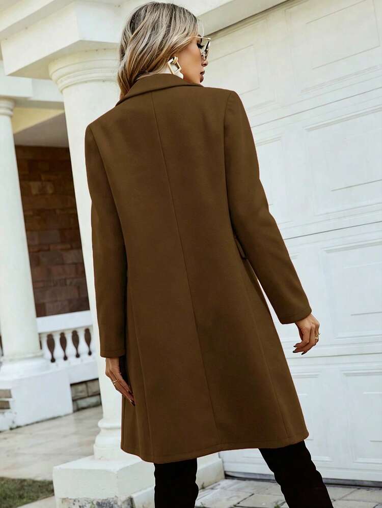 Pariaura Women's Dark Brown Elegant Autumn Everyday Knitted Long Sleeve Coat,Ladies Double Button Pocket Lapel Regular Fit Minimalist Plain Solid Overcoats - Brown - View 2