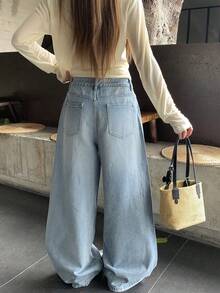 DAZY Women's Loose Straight Leg Long Pants Rhinestone Bow Decor Casual Denim Jeans Fall - Light Wash - View 7