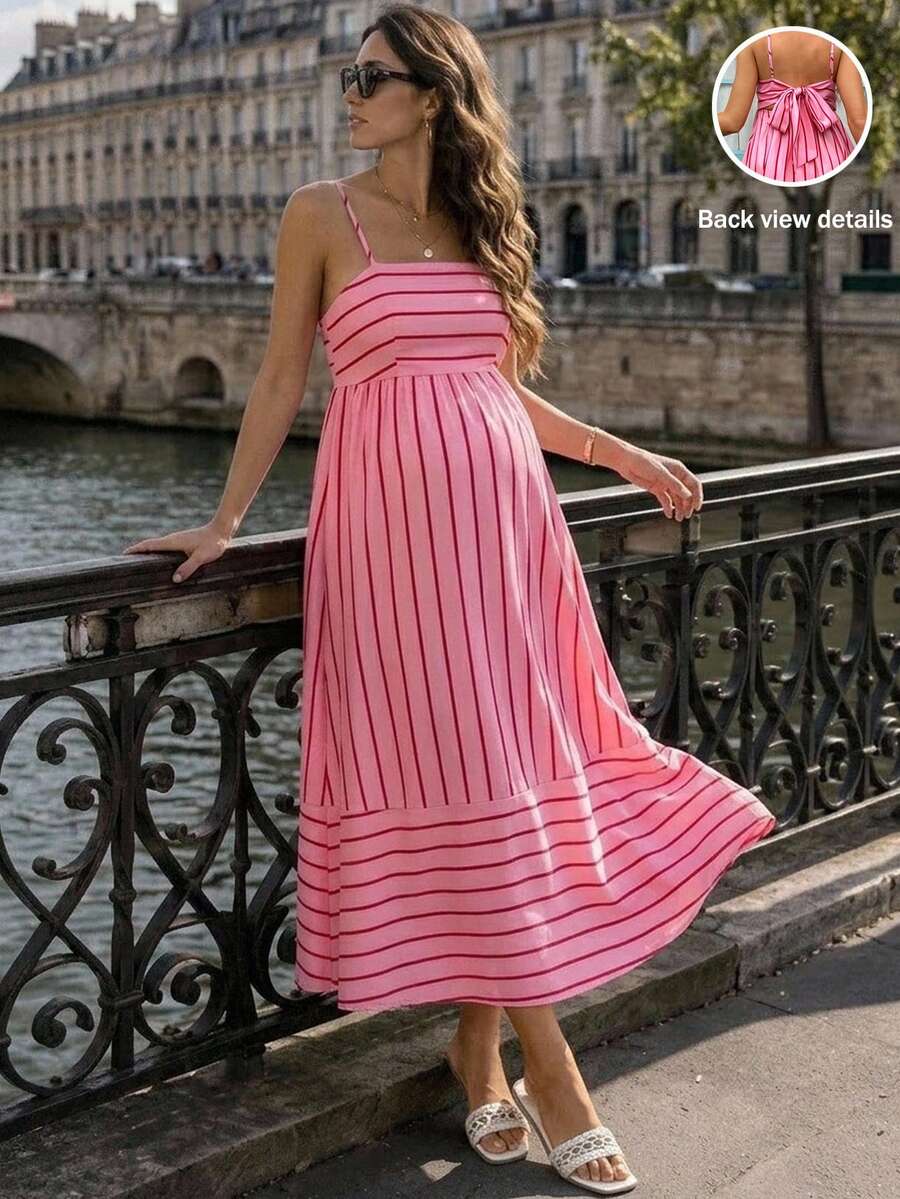 SHEIN 孕婦夏季休閒條紋露背細肩帶洋裝 - 粉色 - 查看 1