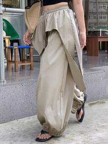 DAZY Damen-Rock mit elastischem Bund und Kordelzug, locker geschnitten, Patchwork, urban, lässig, dezent, Downtown-Stil, für Urlaub in Thailand, Grau, Herbst, Laternenhose, süße Oberteile - Grau - Übersicht 2