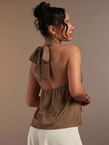 Hauture Women's Sexy Abstract Print Halter Neck Backless Linen Top - Brown - View 2