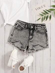 SHEIN Pantalones Cortos De Mezclilla Para Niñas Con Dobladillo Crudo Y Rasgado - Gris - Ver 1