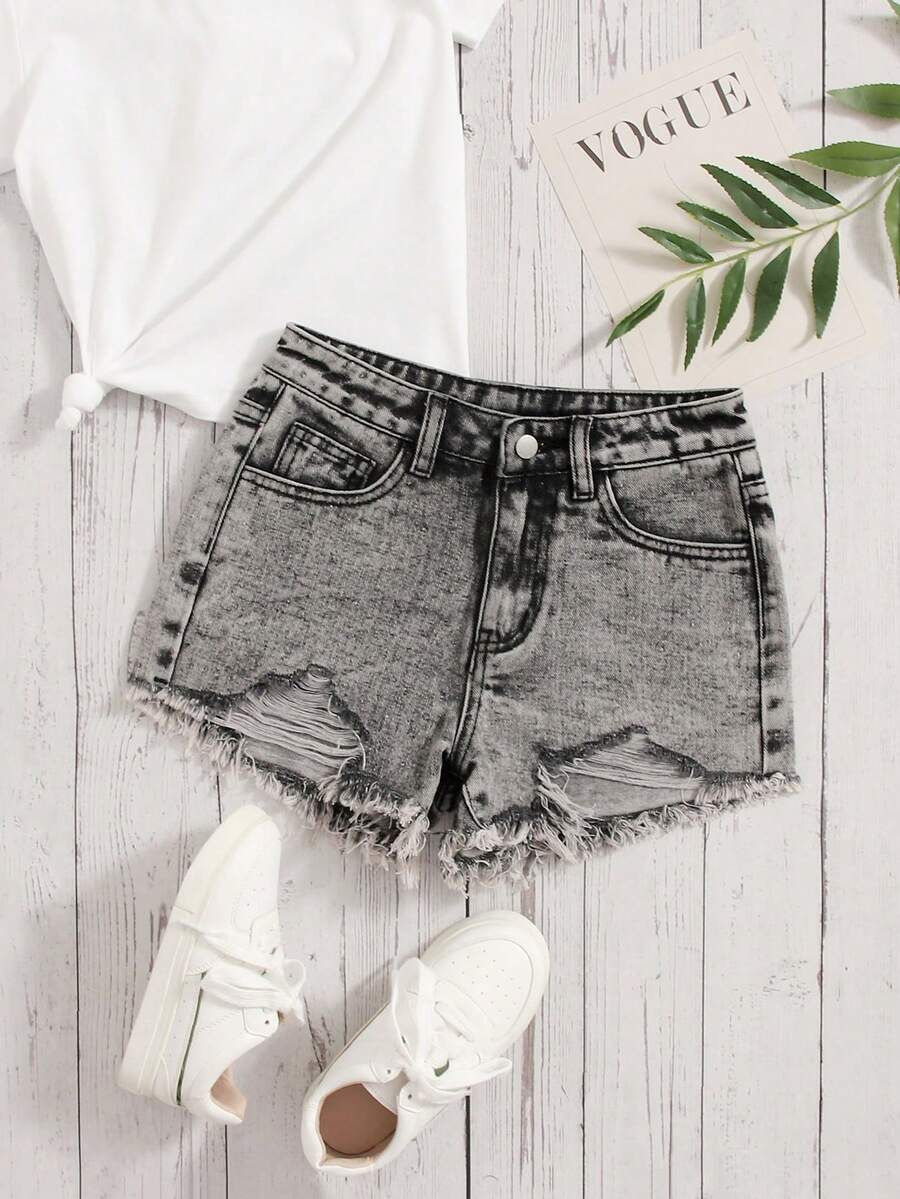 SHEIN Pantalones Cortos De Mezclilla Para Niñas Con Dobladillo Crudo Y Rasgado - Gris - Ver 1
