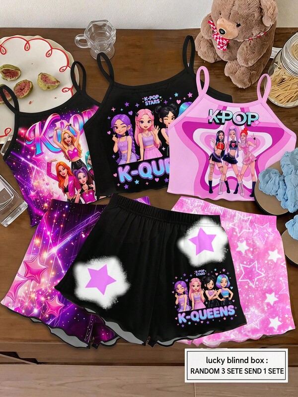 RANDOM SEND 1 SET, Sweet And Cute Girl Group Print, Pink Girl Gradient Starry Sky, Tween Girl Casual Simple Slim Fit Camisole Top And Shorts Loungewear Suitable For Summer