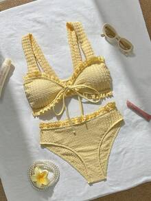 Swim Vcay 甜美花卉隨機印花寬肩帶前綁式三角比基尼套裝 2件組 女款 - 黃色 - 查看 3