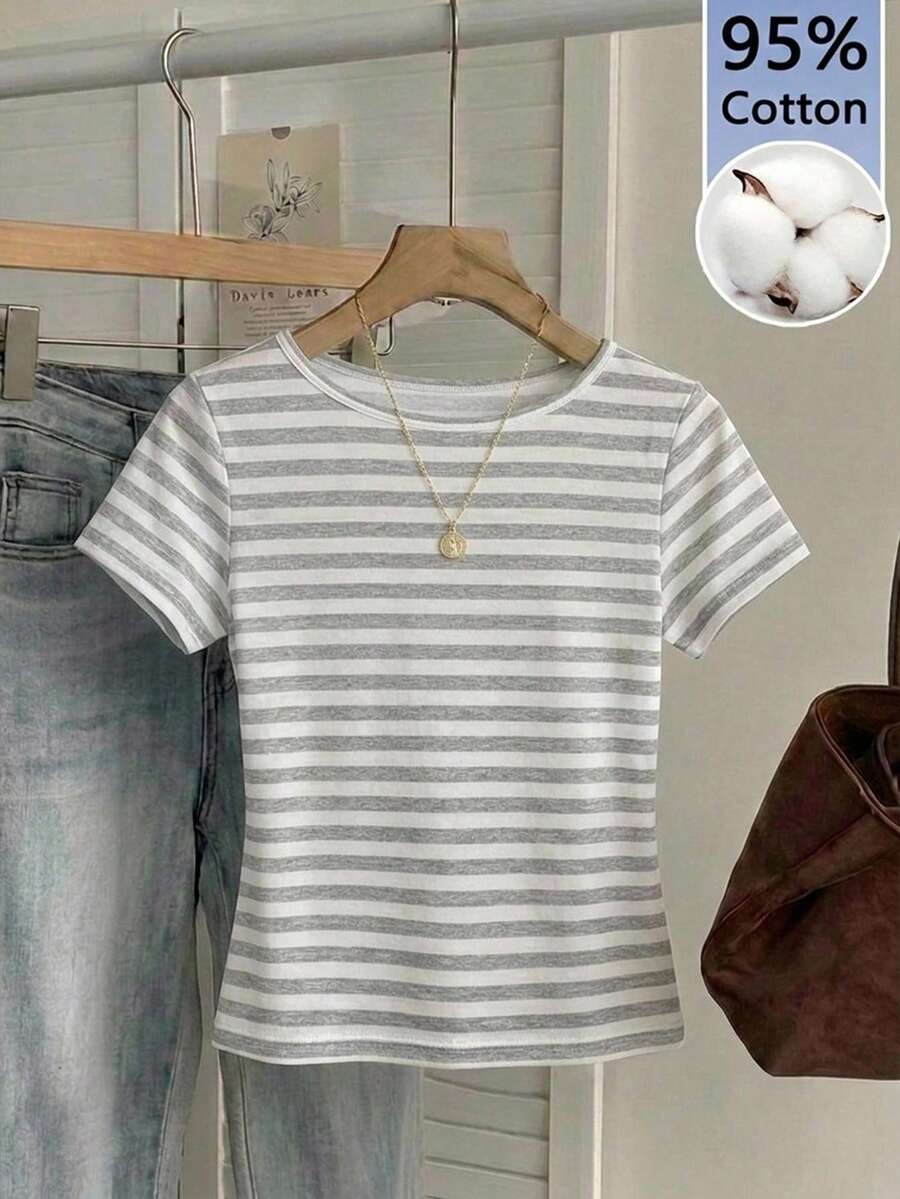 Tseoso 95%Cotton Women's Retro Gray/White Striped Short-Sleeve Tee - Summer Streetwear, Soft Girl - Multicolor - View 1