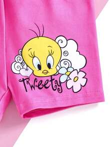 LOONEY TUNES X SHEIN 女婴卡通崔弟和彩虹印花可爱粉色休闲短袖T恤和短裤两件套 - 粉色 - 查看 7