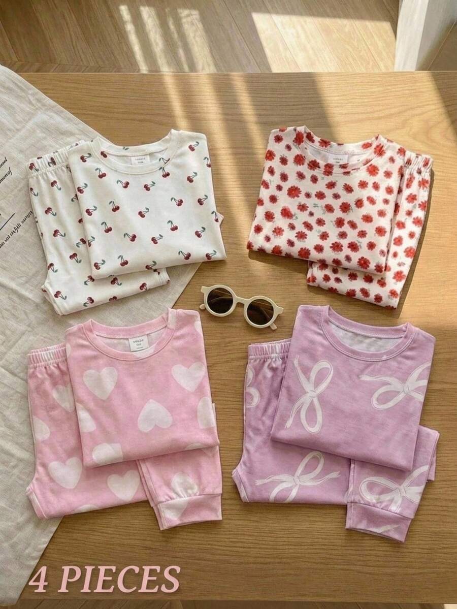 SHEIN 少女休閒極簡修身舒適圓領短袖長褲家居服套裝,適合春夏,4件套,少女 - 彩色 - 查看 1