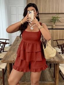 Weeklong Women's Plus Size Spring/Summer Casual Camisole Ruffle Hem Top And Ruffle Hem Pants 2-Piece Set, Suitable For Vacation And Daily Wear - Rust Brown - View 4