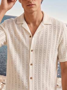 Manfinity VDAYZ Plus Size Men's Hollow Out Textured Knit Short Sleeve Shirt Set Men's Resort Wear Beach Clothes For Men White Cream Cream Button Up Men Men's Beach Button Up Men Summer Button Up - Beige - View 3