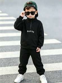 SHEIN Setelan 2 Potong Sweatshirt dan Celana Olahraga Kasual Musim Gugur/Dingin untuk Anak Laki-Laki - Hitam - View 3