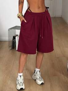 Coolane Women's Summer Streetwear Daily Wear Homecoming Casual Sport Basic Burgundy Baggy Low Rise Bermuda Sweater Shorts - Burgundy - View 4