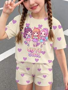 2件組女童幼童休閒套裝，卡通女孩愛心印花圓領短袖上衣搭配鬆緊腰短褲，適合外出、購物、日常穿著，春/夏季 - 彩色 - 查看 5