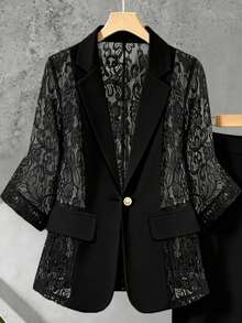 GlowEve CURVE Plus Size Women's Versatile Contrast Lace Lapel Neck Jacket And Pants Elegant Suit Two Pieces Set - Black - View 3