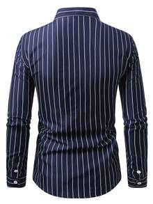 Manfinity Mode Camisa de manga larga a rayas amigable con la piel para hombres - Azul Marino - Ver 2