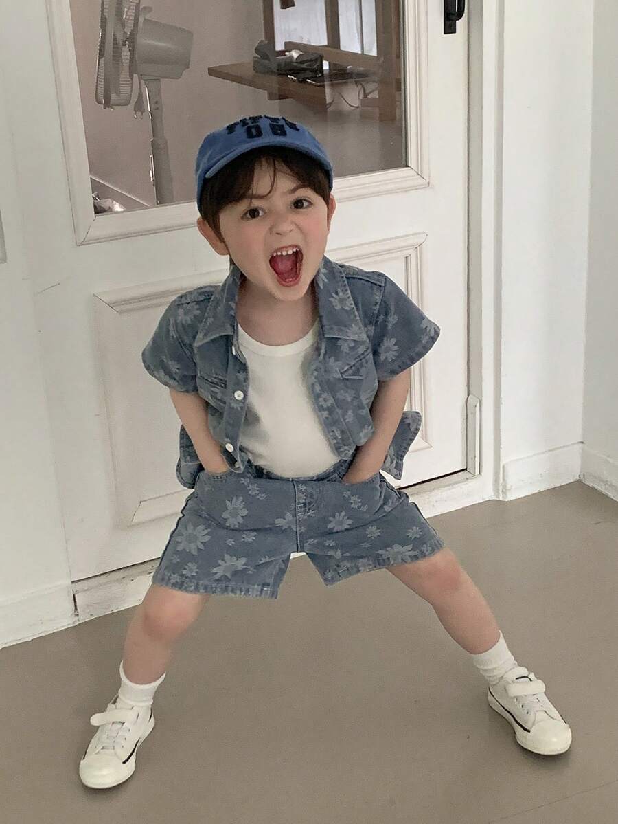 DAZY 嬰兒/幼兒(男童)翻領夏季清爽水洗牛仔襯衫與短褲2件套裝 - 藍色 - 查看 1