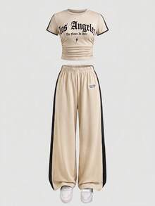 SHEIN Tween Girls Bow Knot Ribbed Print T-Shirt And Long Pants Knit 2-Piece Set Casual Daily Fashion Versatile `4th Of July - Multicolor - View 7