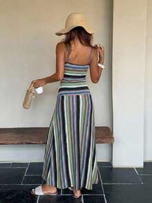 DAZY Summer Holiday Party Outfit Brown Spaghetti Strap Striped Fitted Midi Dress For Women - Lake Blue - View 2
