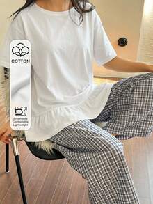 DAZY 2件組女款居家服套裝，純色荷葉邊飾T恤上衣與格紋睡褲，夏季款 - 白色 - 查看 3