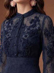 Anewsta Robe maxi élégante style cour mode avec décoration de perles et perles, col montant petit, manches longues légèrement transparentes, robe chemise pour femmes, printemps, été, festival, remise des diplômes, élégante, tenue de la Saint-Valentin - Bleu marine - Voir 3