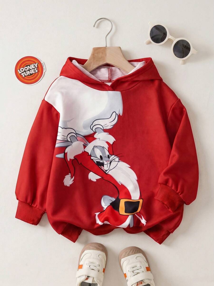 LOONEY TUNES X SHEIN 小男孩卡通圣诞图案连帽长袖卫衣 - 紅色 - 查看 1