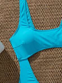 Swim SXY 女款一件式鏤空純色泳衣 夏季海灘適用 - 天藍色 - 查看 3