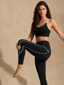 Glamine Leggings deportivos de yoga y fitness casuales de moda para mujer, unicolor, diseño de línea especial con bolsillos - Negro - Ver 5