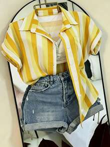 EMERY ROSE Women's Striped Patchwork Color Block Single-Breasted Casual Versatile Daily Outing Shirt - Yellow - View 5