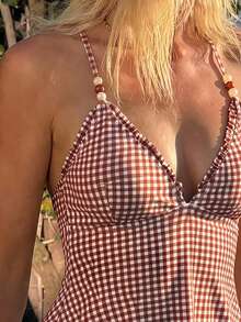 Swim Mod 女款夏季海灘度假荷葉邊飾珠飾裝飾分體式比基尼套裝 - 棕色 - 查看 4