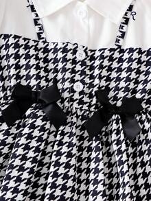 SHEIN Playful Pals 1件女嬰Tot嬰兒時尚可愛Ace上衣，趣味時尚千鳥格蝴蝶結波點藝術長袖泡泡袖修身軟薄洋裝套裝，適合日常、秋季、涼爽季節與冬季 - 黑與白 - 查看 4