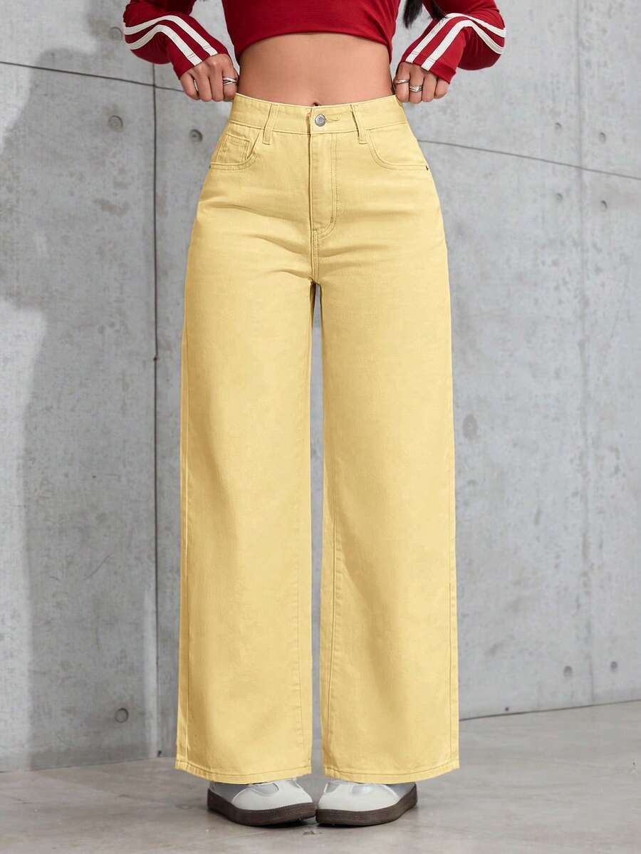 SHEIN PETITE 女士带口袋阔腿宽松休闲百搭牛仔裤 - 鵝黃色 - 查看 1
