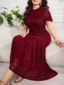 Modelyn Plus Size Women's Round Neck Solid Color Floral Lace Ruffle Hem Dress Evening Wedding Burgundy Summer Formal Elegant - Burgundy - View 5