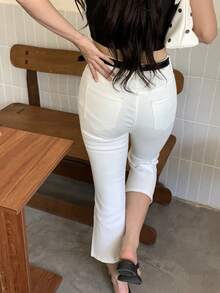 DAZY 女款休閒百搭喇叭褲 7/8 長度牛仔褲 側口袋 夏季 - 白色 - 查看 2