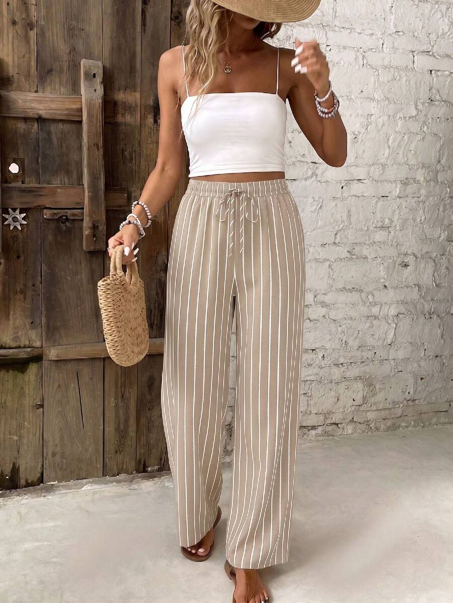SHEIN Frenchy Women's Waist Tie Striped Straight Leg Casual Long Pants - Khaki - View 1